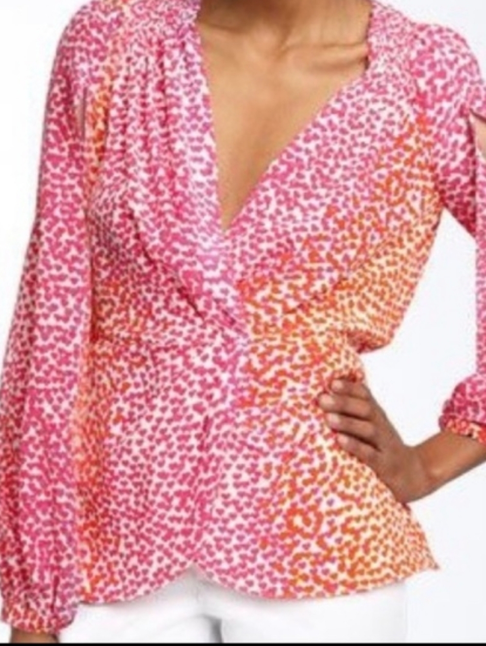 Bcbgmaxazria Pink & Orange Heart Printed V-Neck Silk Blouse Baloon Sleeves Sz M